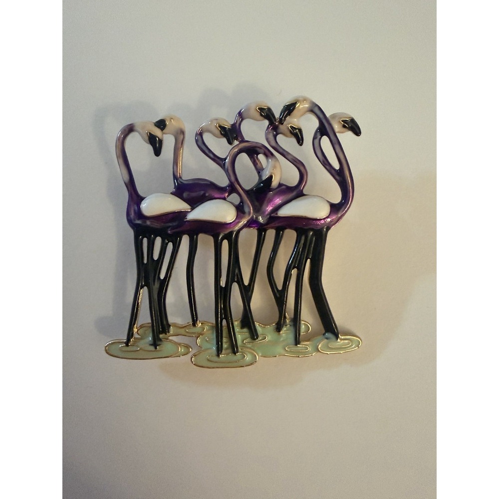 Flock of Flamingos in Puddle Brooch Purple White Pin Bird Flamboyance